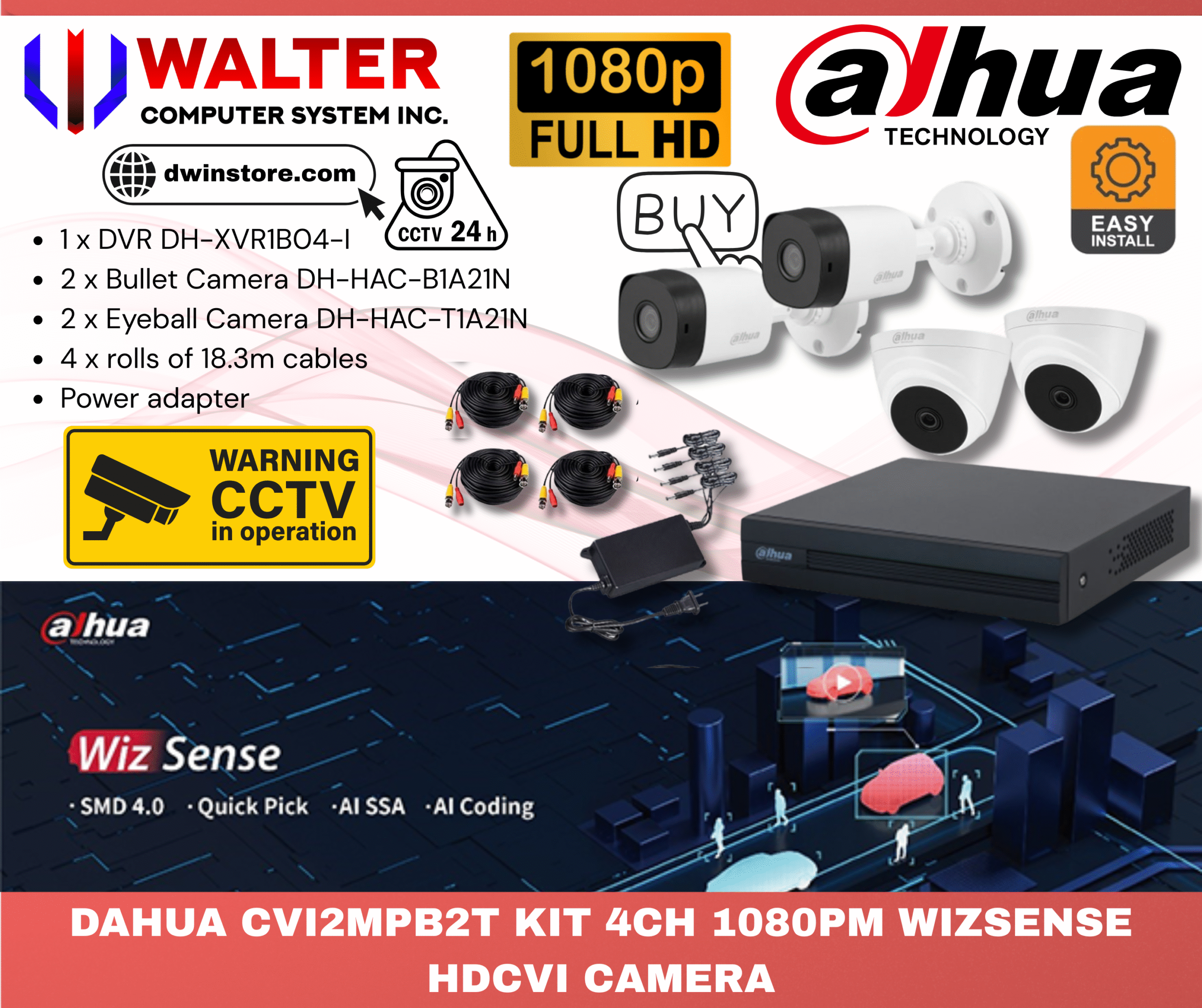DAHUA CVI2MPB2T KIT 4CH 1080PM WIZSENSE HDCVI CAMERA