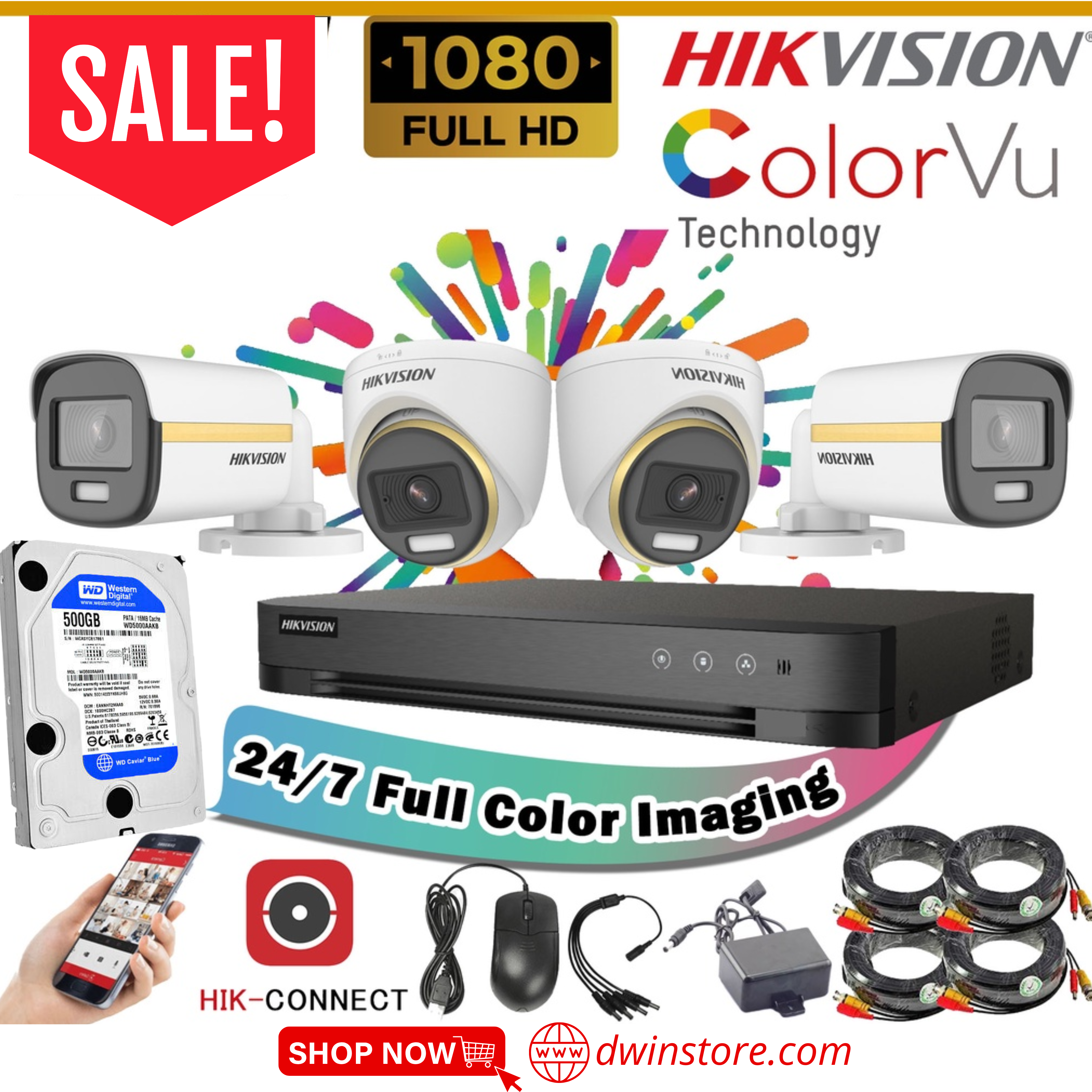 HIKVISION LITE 4CH2D2B/2MP/COLORVU KIT ) W/BUILT IN MIC