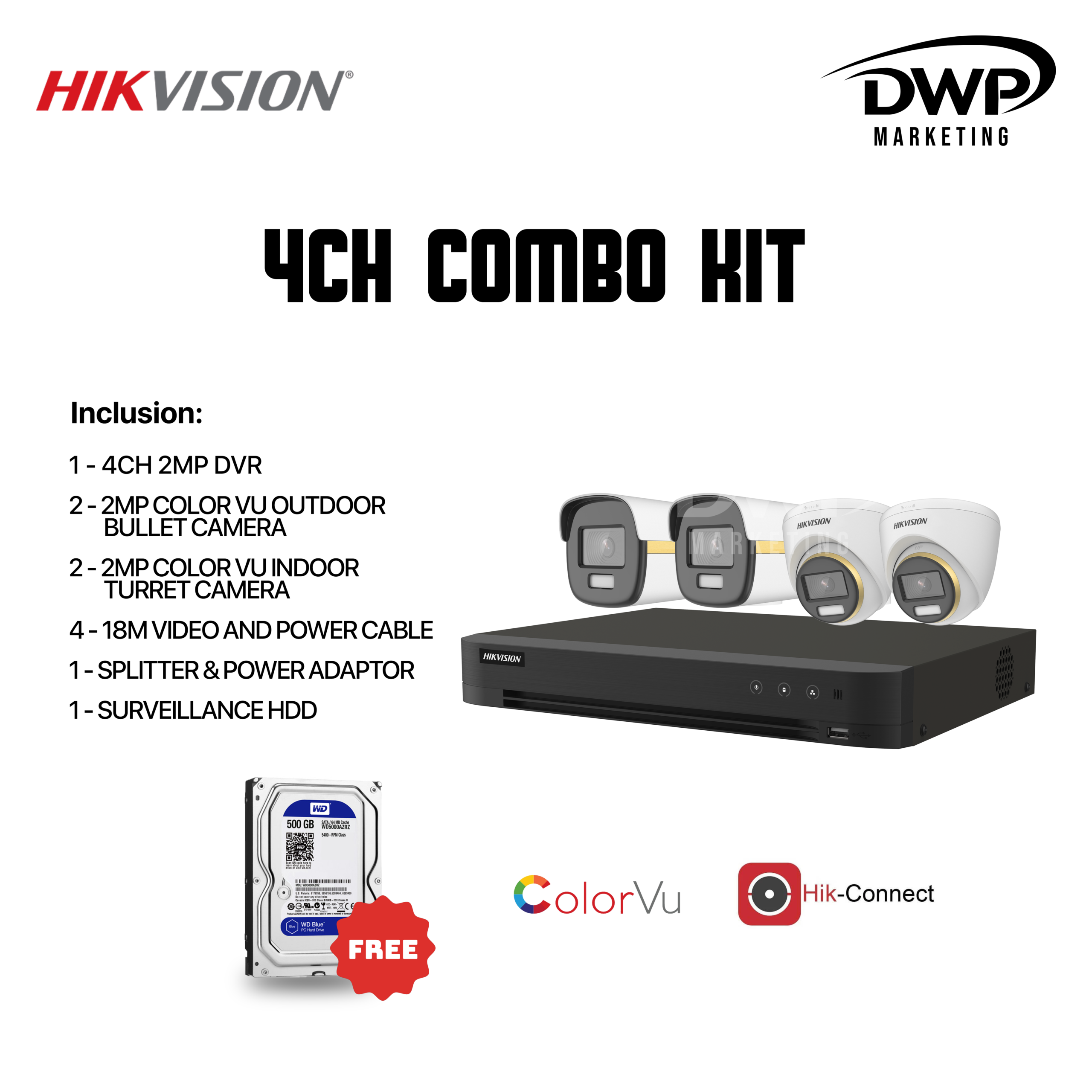 HIKVISION LITE 4CH2D2B/2MP/COLORVU KIT ) W/BUILT IN MIC