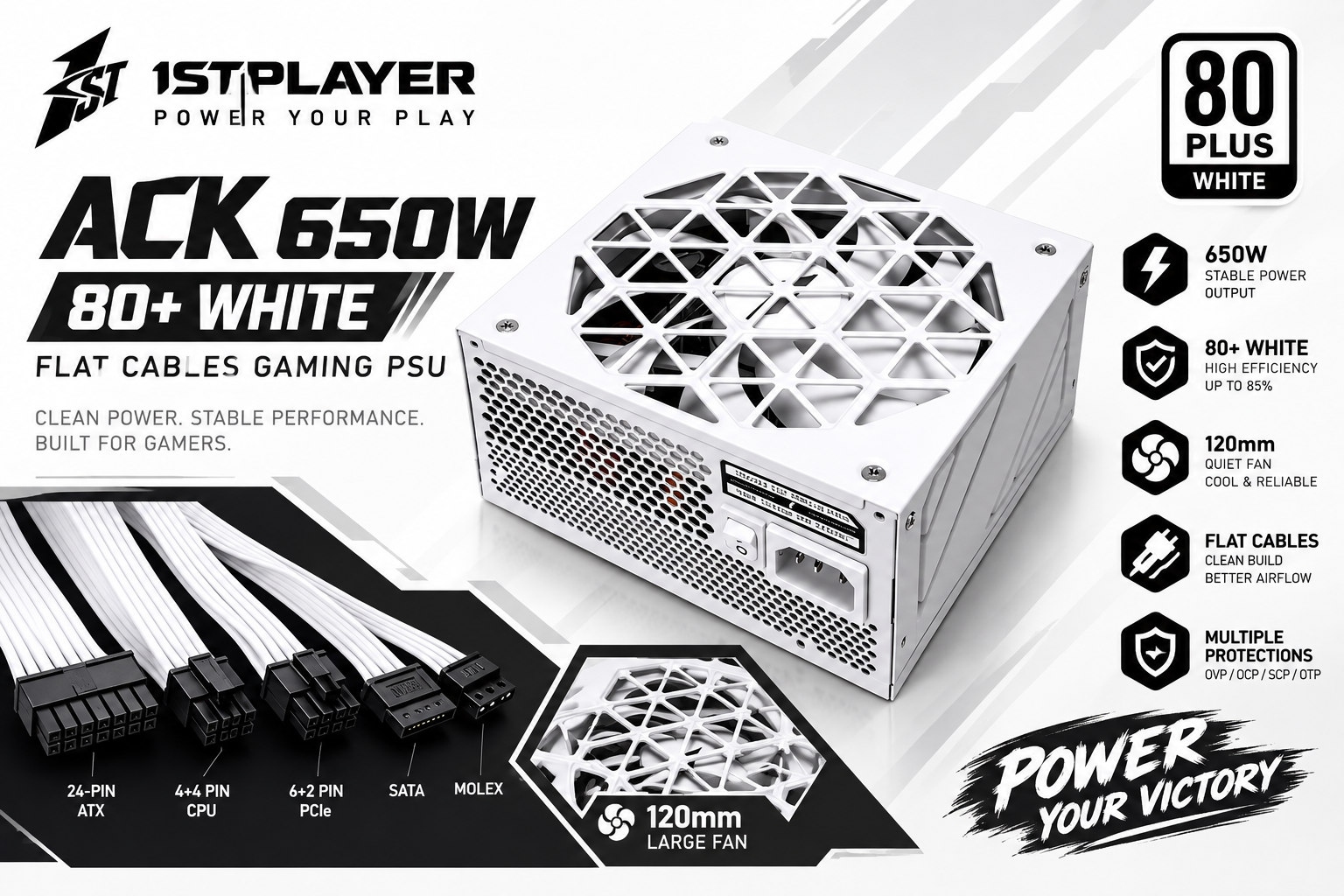 1STPLAYER ACK 650W 80+ WHITE/BLACK FLAT CABLES GAMING PSU
